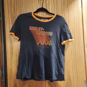 Harley Davidson spell out black orange Swoop neck Short Sleeve Top L motorcycle